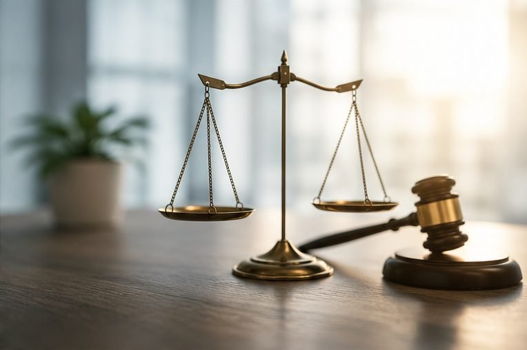 Balanza de la justicia y mazo, símbolo del procedimiento legal